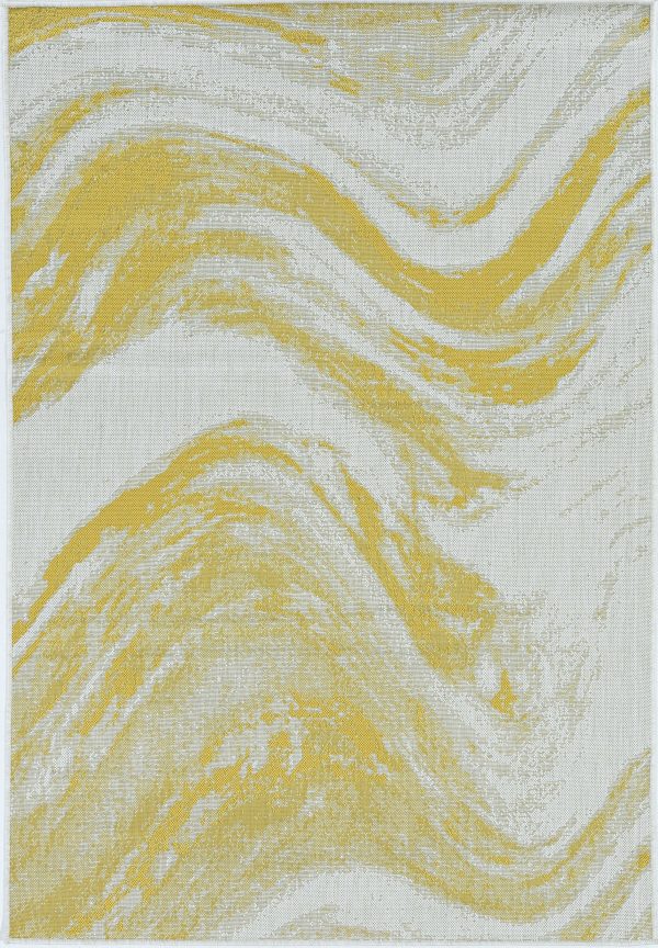 5'x7' Ivory Gold Machine Woven UV Treated Abstract Waves Indoor Outdoor Area Rug - Image 2
