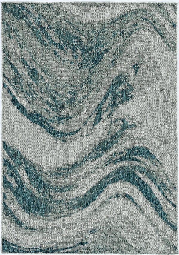 8' Grey Teal Machine Woven UV Treated Marble Indoor Outdoor Round Area Rug - Image 2
