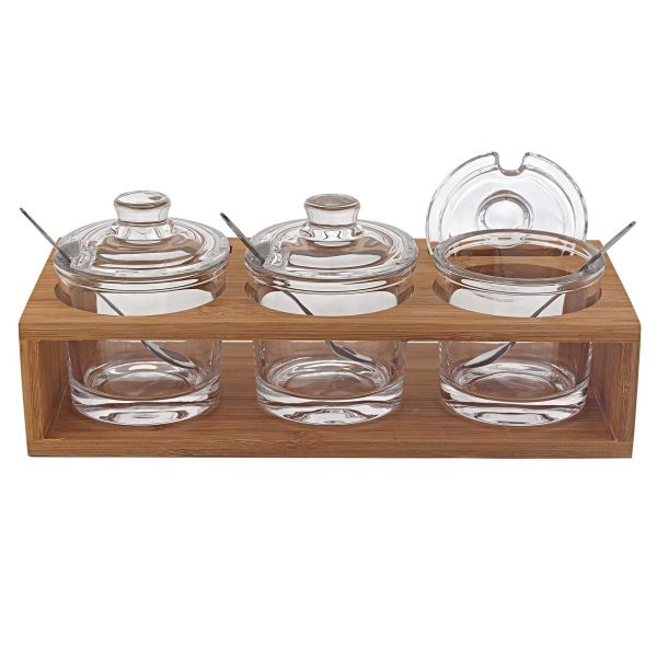 6 Mouth Blown Crystal Jam Set With 3 Glass Jars and Spoons on a Wood Stand - Image 2