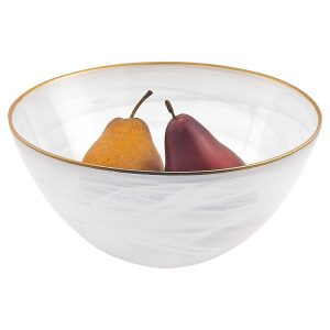 10 Hand Crafted White Gold Glass Fruit or Salad Bowl With Gold Rim