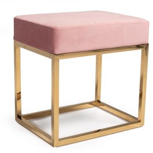 Square Modern Pink Velvet Ottoman with Gold Stainless Steel