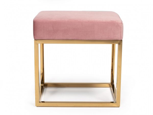 Square Modern Pink Velvet Ottoman with Gold Stainless Steel - Image 2