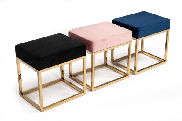 Square Modern Pink Velvet Ottoman with Gold Stainless Steel - Image 3