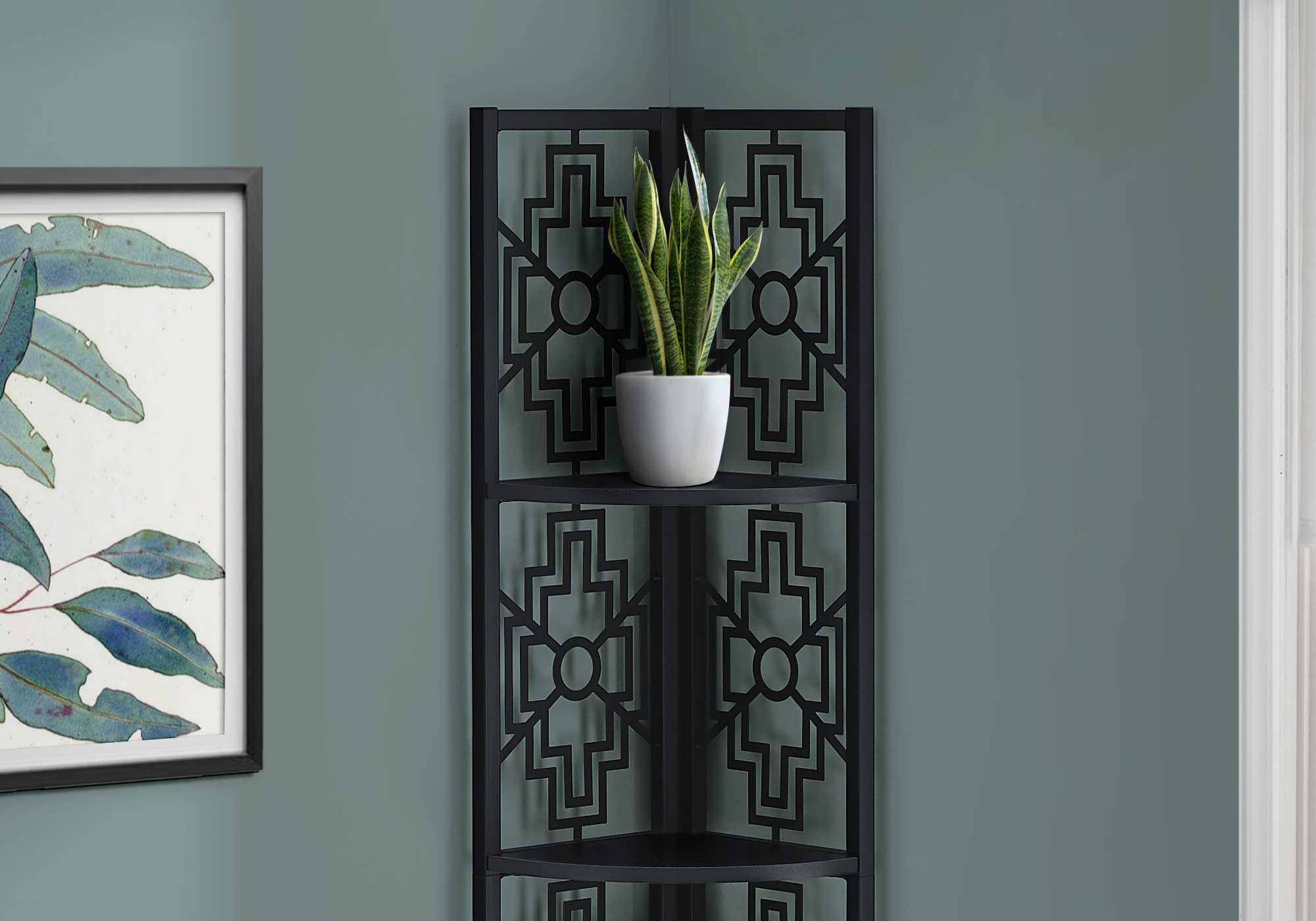 62" Bookcase with 4 Solid Black Shelves and Black Metal Corner Etagere - Image 2