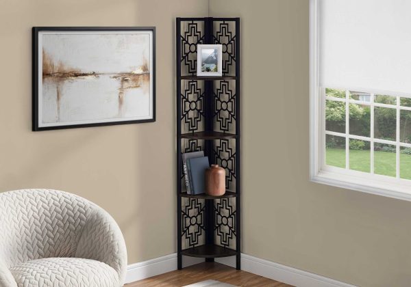 62" Bookcase with 4 Solid Espresso Shelves and Black Metal Corner Etagere - Image 3