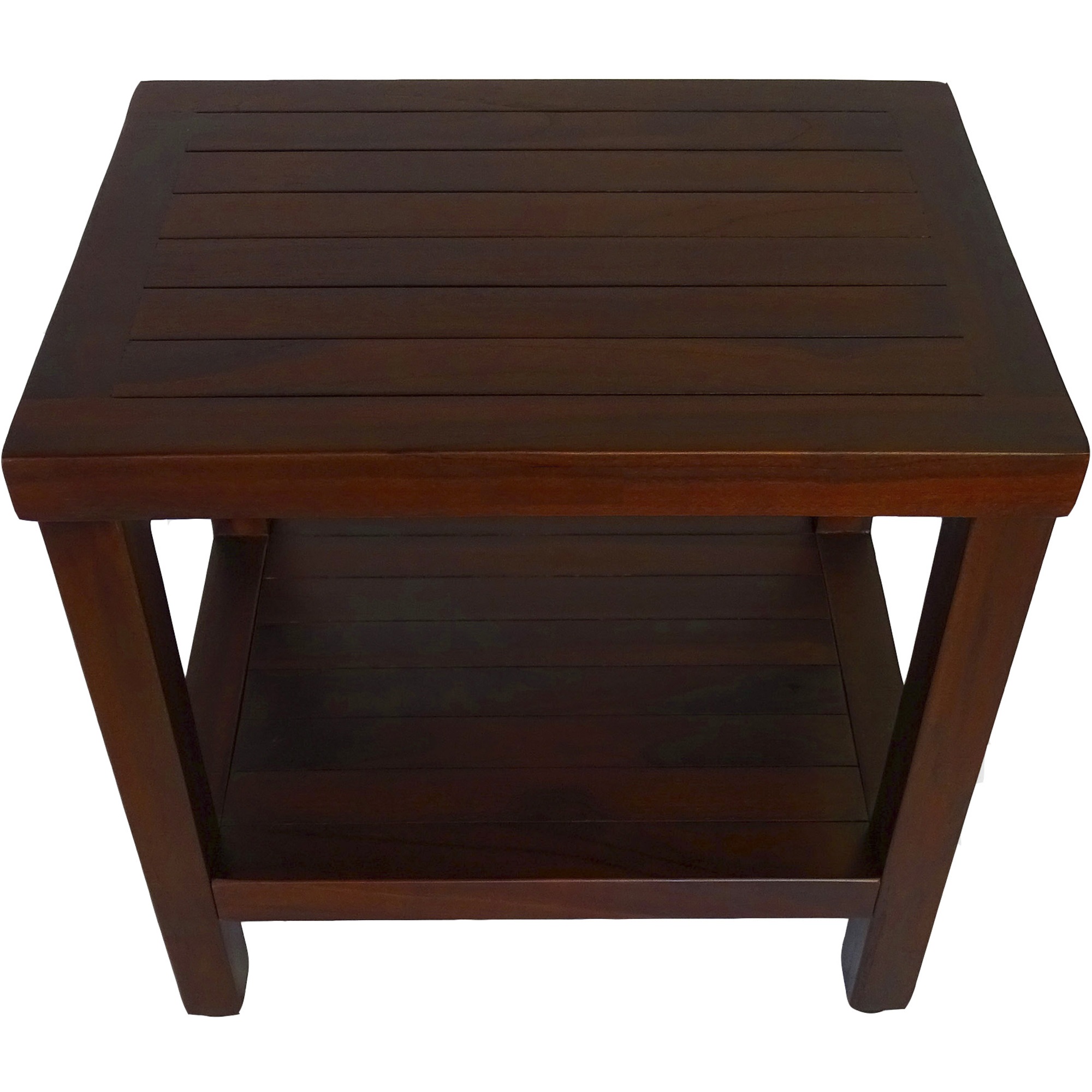 Compact Rectangular Teak Shower or Outdoor Bench with Shelf in Brown Finish - Image 2