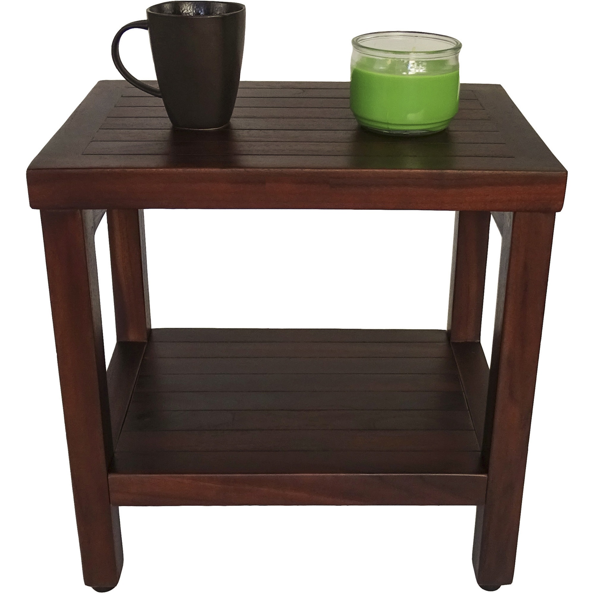 Compact Rectangular Teak Shower or Outdoor Bench with Shelf in Brown Finish - Image 4