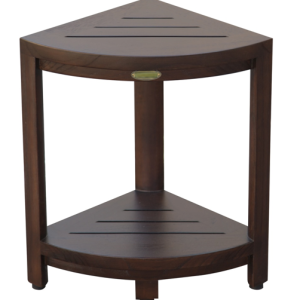 Compact Triangular Teak Shower Outdoor Bench with Shelf in Brown Finish