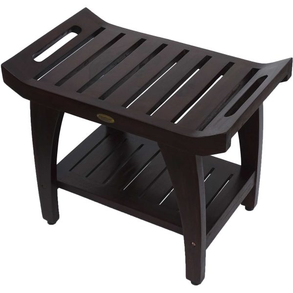 Contemporary Teak Shower Bench with Shelf and Handles in Brown Finish - Image 2