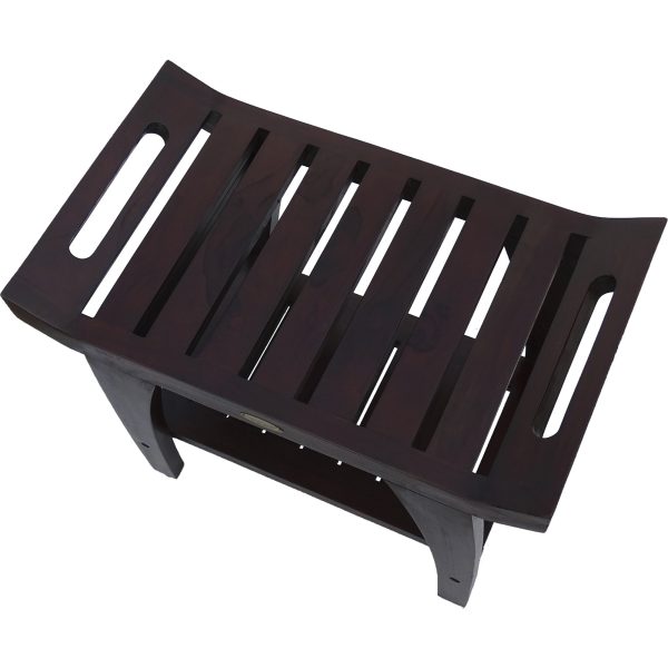Contemporary Teak Shower Bench with Shelf and Handles in Brown Finish - Image 3