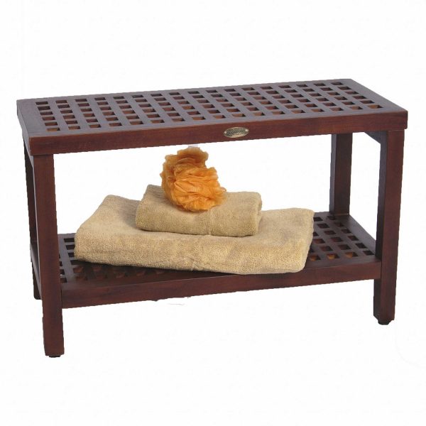Lattice Teak Shower Bench with Shelf in Brown Finish - Image 2