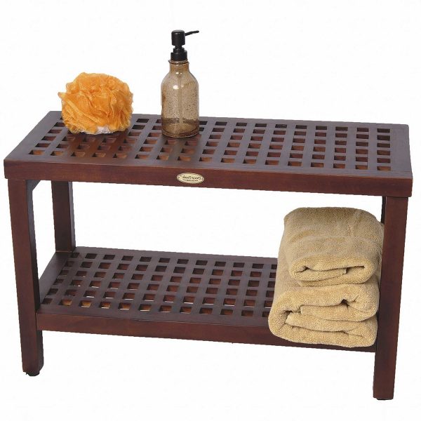 Lattice Teak Shower Bench with Shelf in Brown Finish - Image 3
