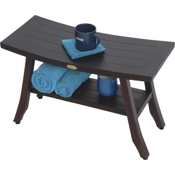 Contemporary Teak Shower Bench with Shelf in Brown Finish - Image 4