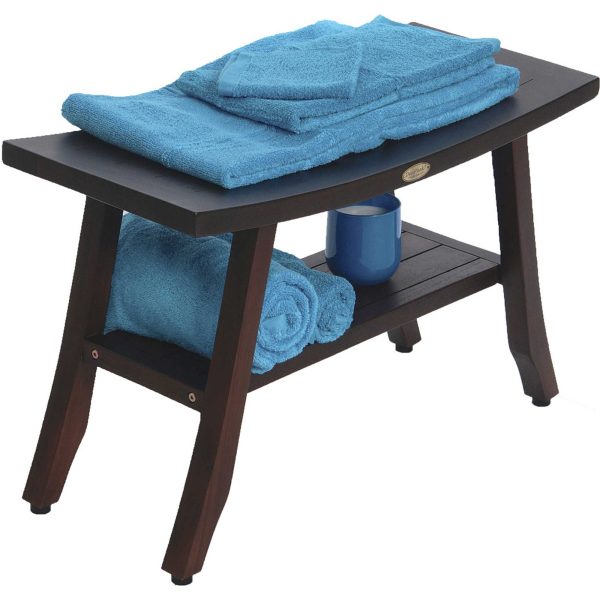 Contemporary Teak Shower Bench with Shelf in Brown Finish - Image 5