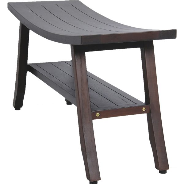 Contemporary Teak Shower Bench with Shelf in Brown Finish - Image 2