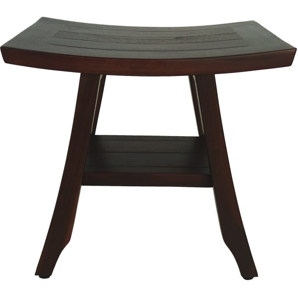 Compact Curvilinear Teak Shower or Outdoor Bench with Shelf in Brown Finish - Image 2