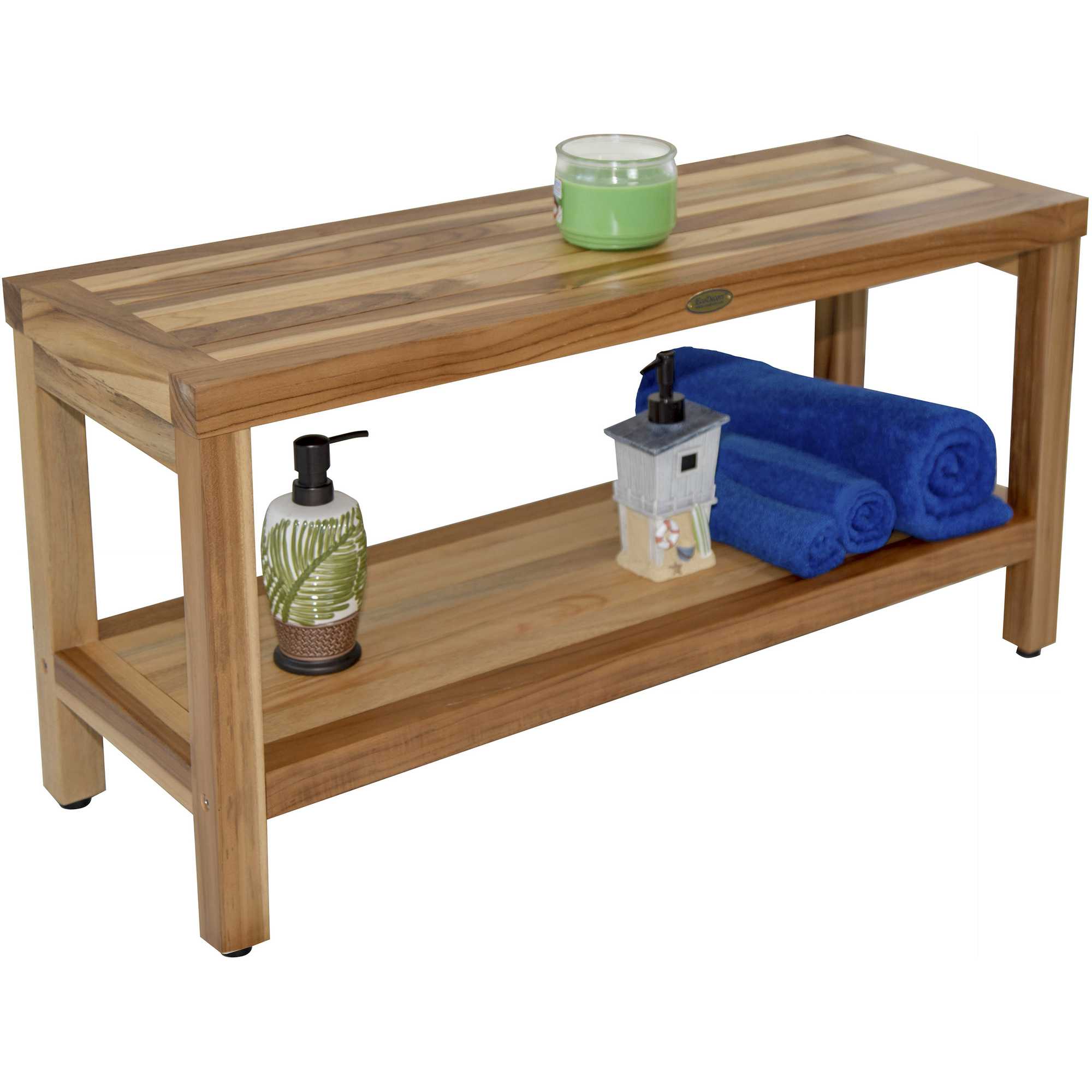Large Rectangular Teak Bench with Shelf in Natural Finish - Image 5