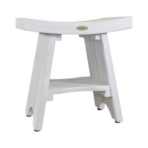 Compact Curvilinear Teak Shower Outdoor Bench with Shelf in Driftwood Finish