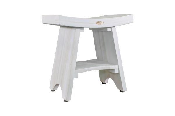 Compact Curvilinear Teak Shower Outdoor Bench with Shelf in Driftwood Finish - Image 2