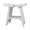 Compact Curvilinear Teak Shower Outdoor Bench with Shelf in Driftwood Finish - Image 3