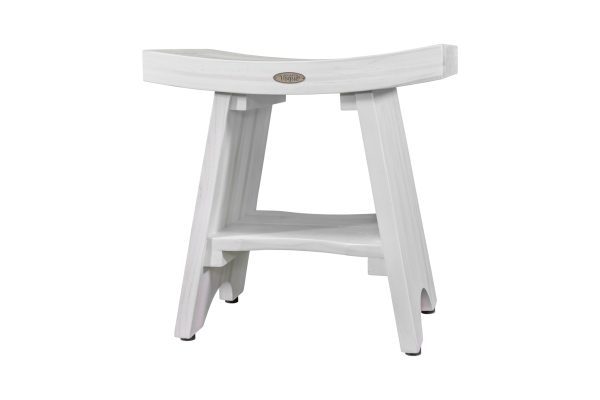 Compact Curvilinear Teak Shower Outdoor Bench with Shelf in Driftwood Finish - Image 3