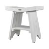 Compact Curvilinear Teak Shower Outdoor Bench with Shelf in Driftwood Finish - Image 4