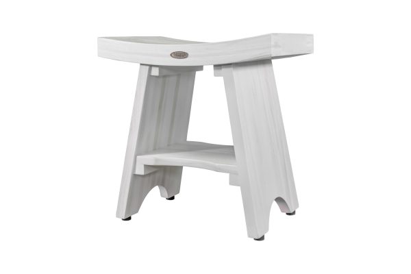 Compact Curvilinear Teak Shower Outdoor Bench with Shelf in Driftwood Finish - Image 4
