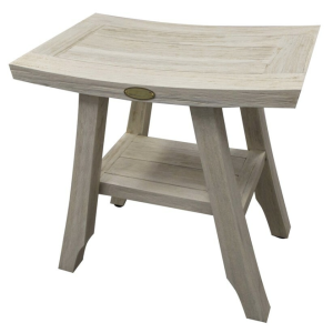 Compact Square Teak Shower Stool with Shelf in White Finish