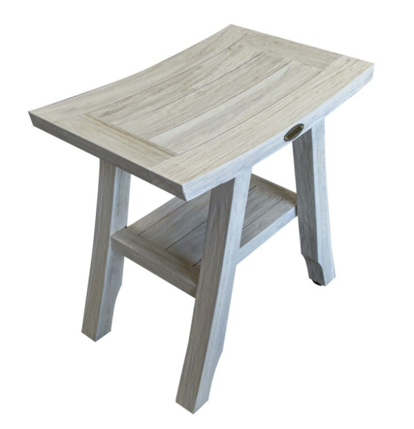 Compact Square Teak Shower Stool with Shelf in White Finish - Image 3