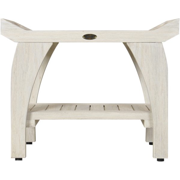 Compact Teak Shower Stool with Shelf and Handles in White Finish - Image 2