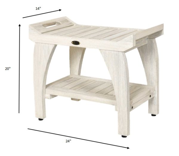 Compact Teak Shower Stool with Shelf and Handles in White Finish - Image 4