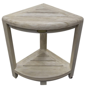 Compact Teak Corner Shower Stool with Shelf in Whitewash Driftwood