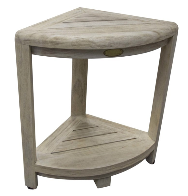 Compact Teak Corner Shower Stool with Shelf in Whitewash Driftwood - Image 2