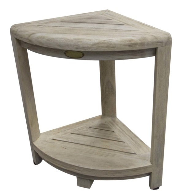 Compact Teak Corner Shower Stool with Shelf in Whitewash Driftwood - Image 3