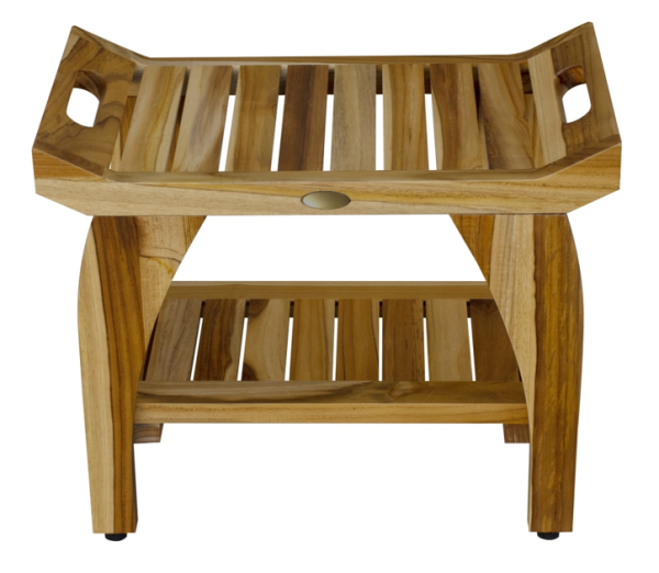 Compact Rectangular Teak Shower Bench with Handles in Natural Finish - Image 2