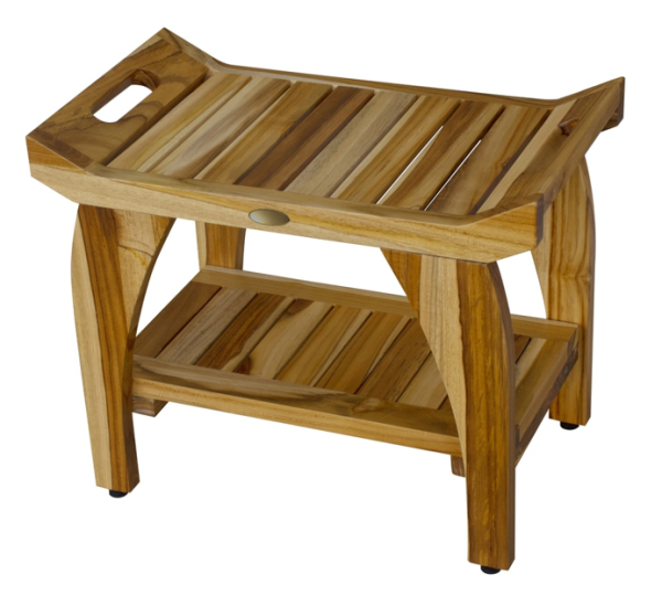 Compact Rectangular Teak Shower Bench with Handles in Natural Finish - Image 4