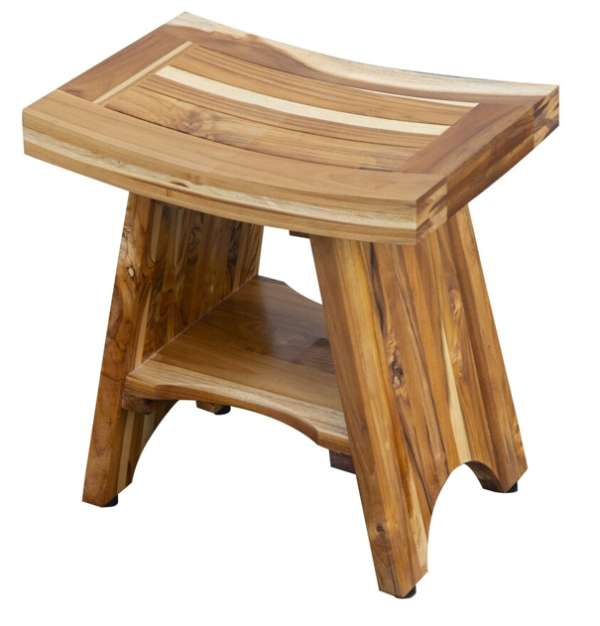 Compact Curvilinear Teak Shower Outdoor Bench with Shelf in Natural Finish - Image 3