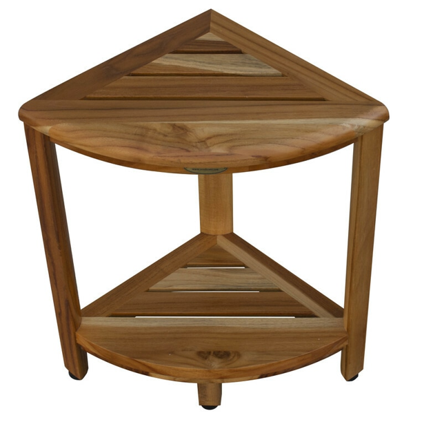 Compact Teak Corner Shower Stool with Shelf in Natural Finish - Image 2