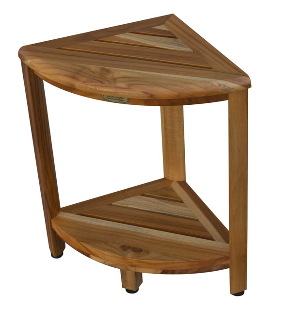 Compact Teak Corner Shower Stool with Shelf in Natural Finish - Image 3