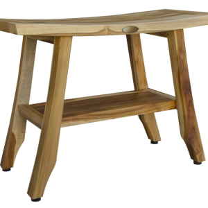 Compact Teak Rectangular Shower Outdoor Bench with Shelf in Natural Finish