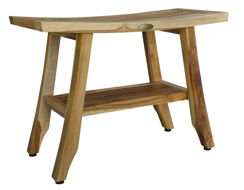 Compact Teak Rectangular Shower Outdoor Bench with Shelf in Natural Finish