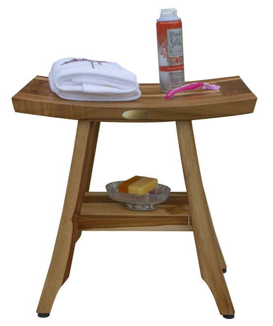 Compact Rectangular Teak Shower Outdoor Bench with Shelf in Natural Finish - Image 3