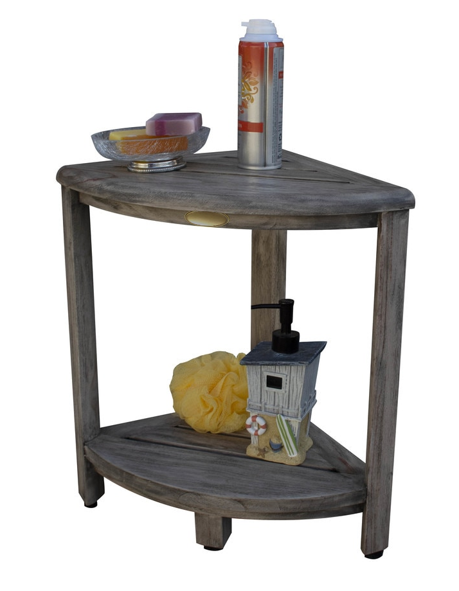 Compact Teak Corner Shower Outdoor Bench in Coquina Finish - Image 5