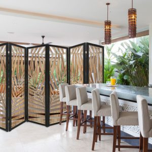 3 Panel Room Divider with Tropical Leaf Design