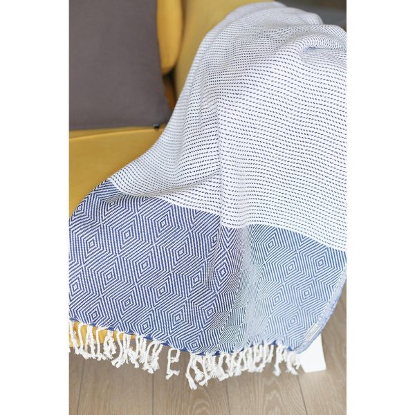Blue and White Squares and Stripes Turkish Towel or Throw Blanket - Image 2