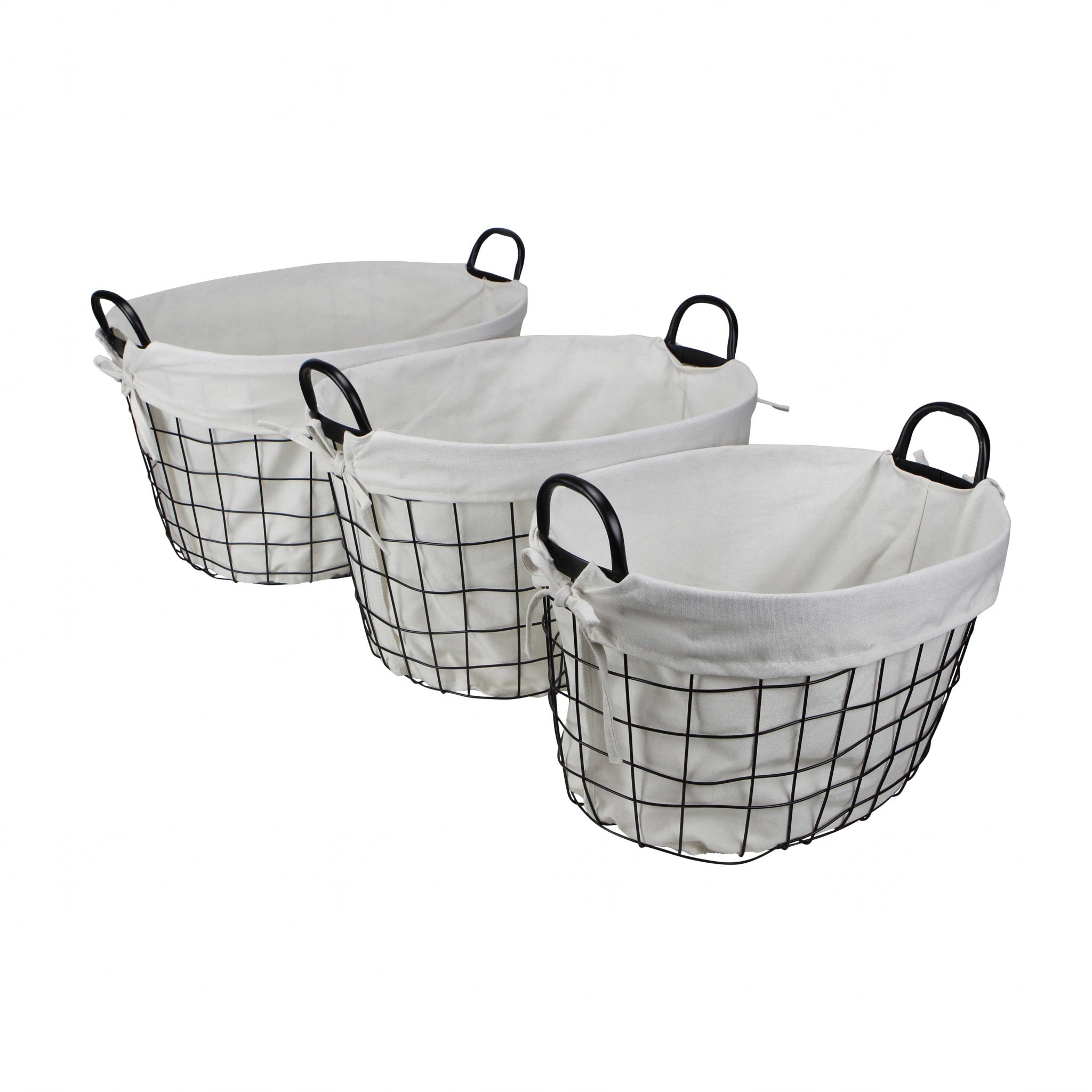 Set of 3 Oval White Lined and Metal Wire Baskets with Handles - Image 2