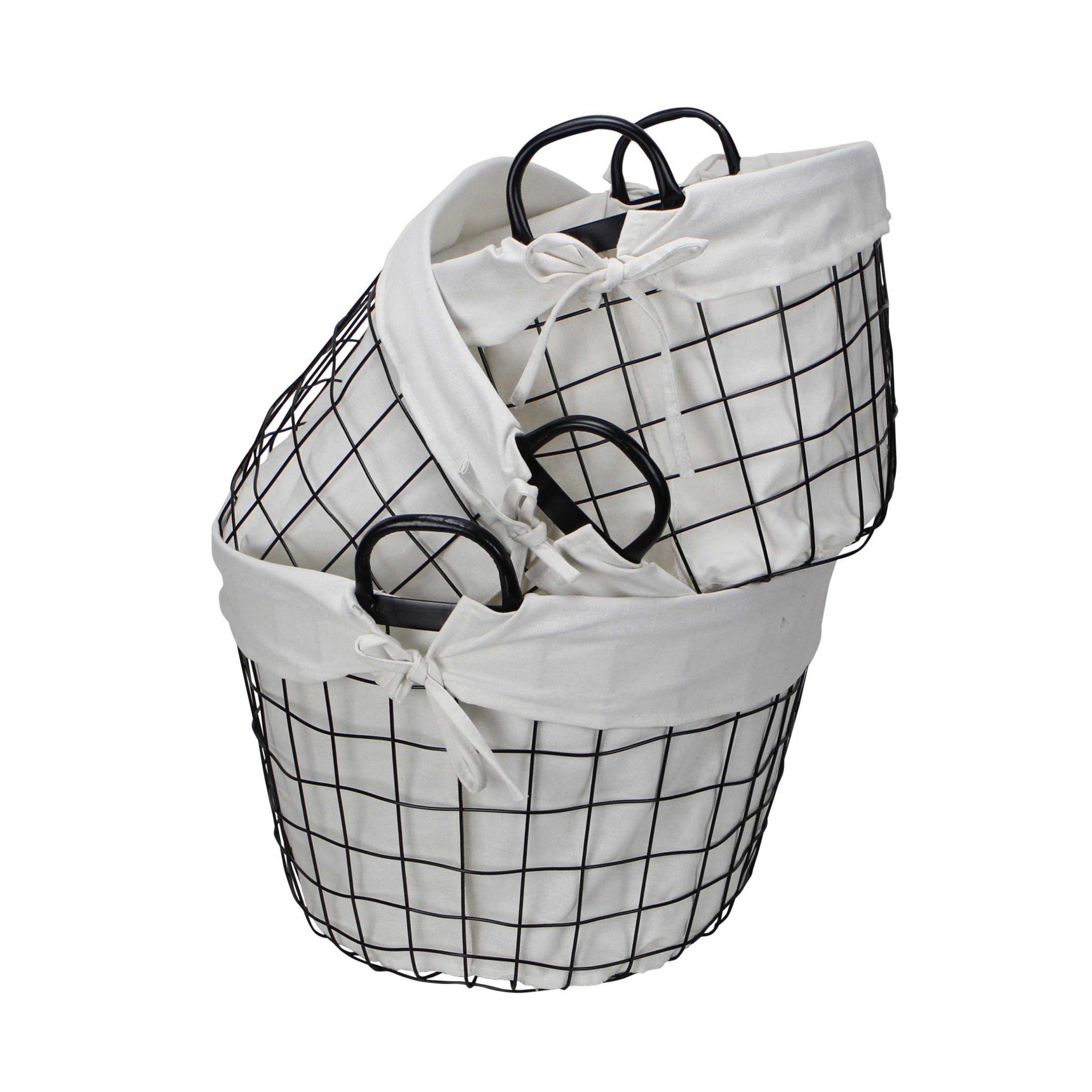 Set of 3 Oval White Lined and Metal Wire Baskets with Handles - Image 4
