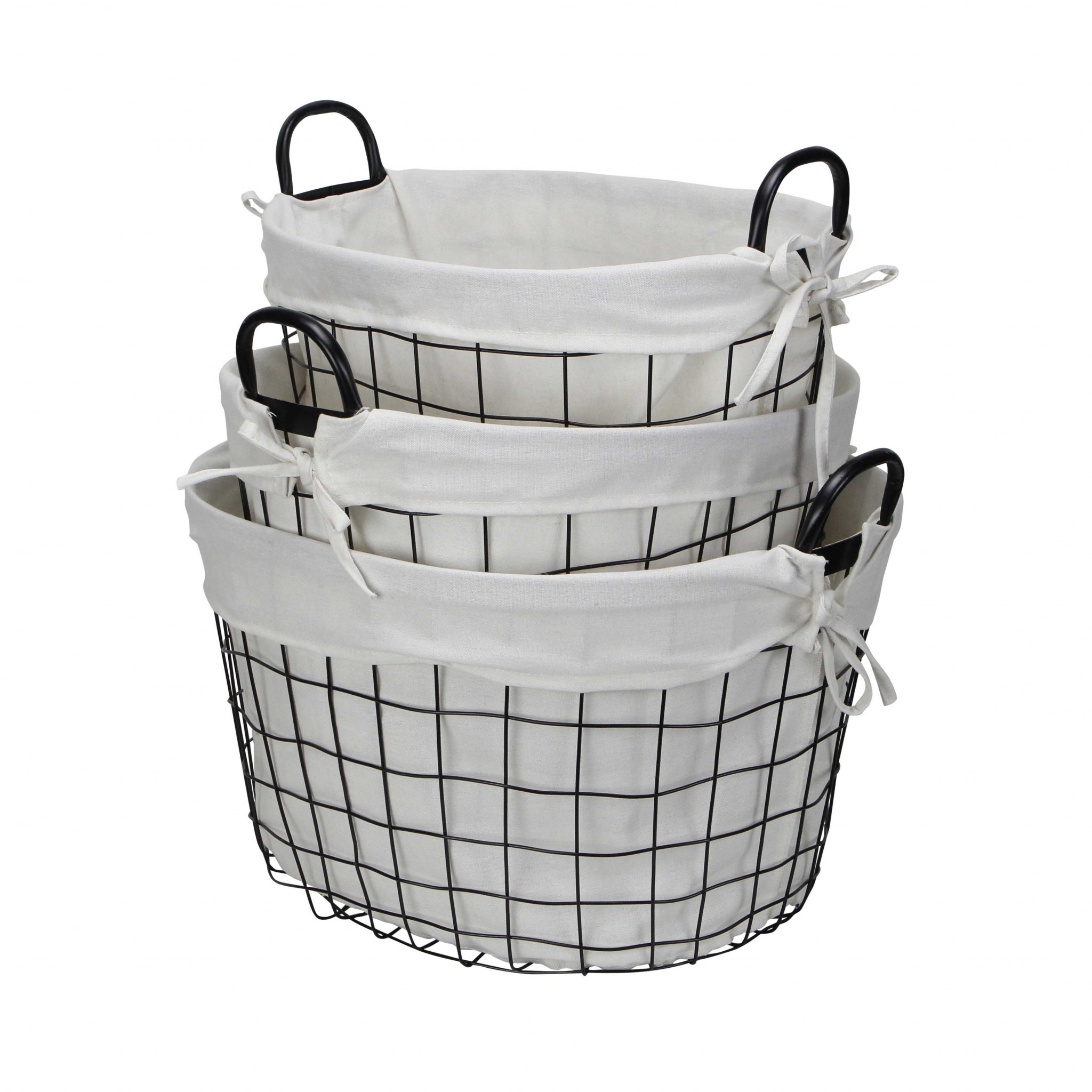 Set of 3 Oval White Lined and Metal Wire Baskets with Handles - Image 5