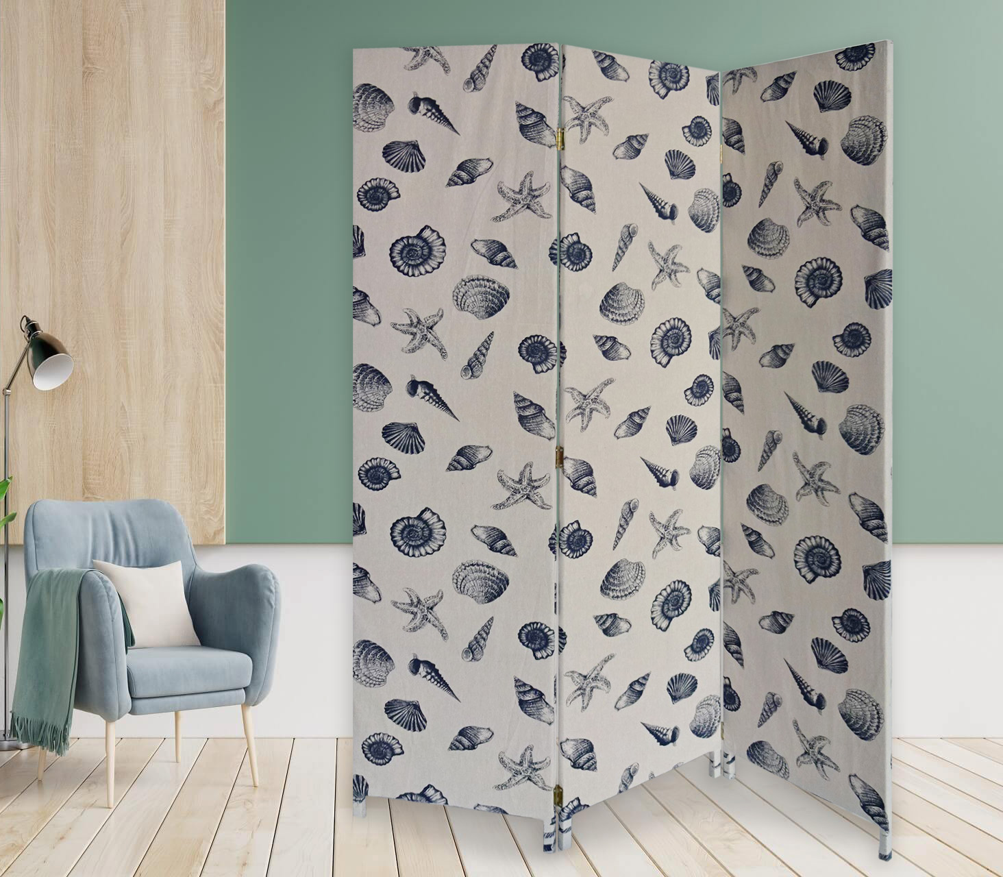 3 Panel Beige and Blue Soft Fabric Finish Room Divider - Image 2