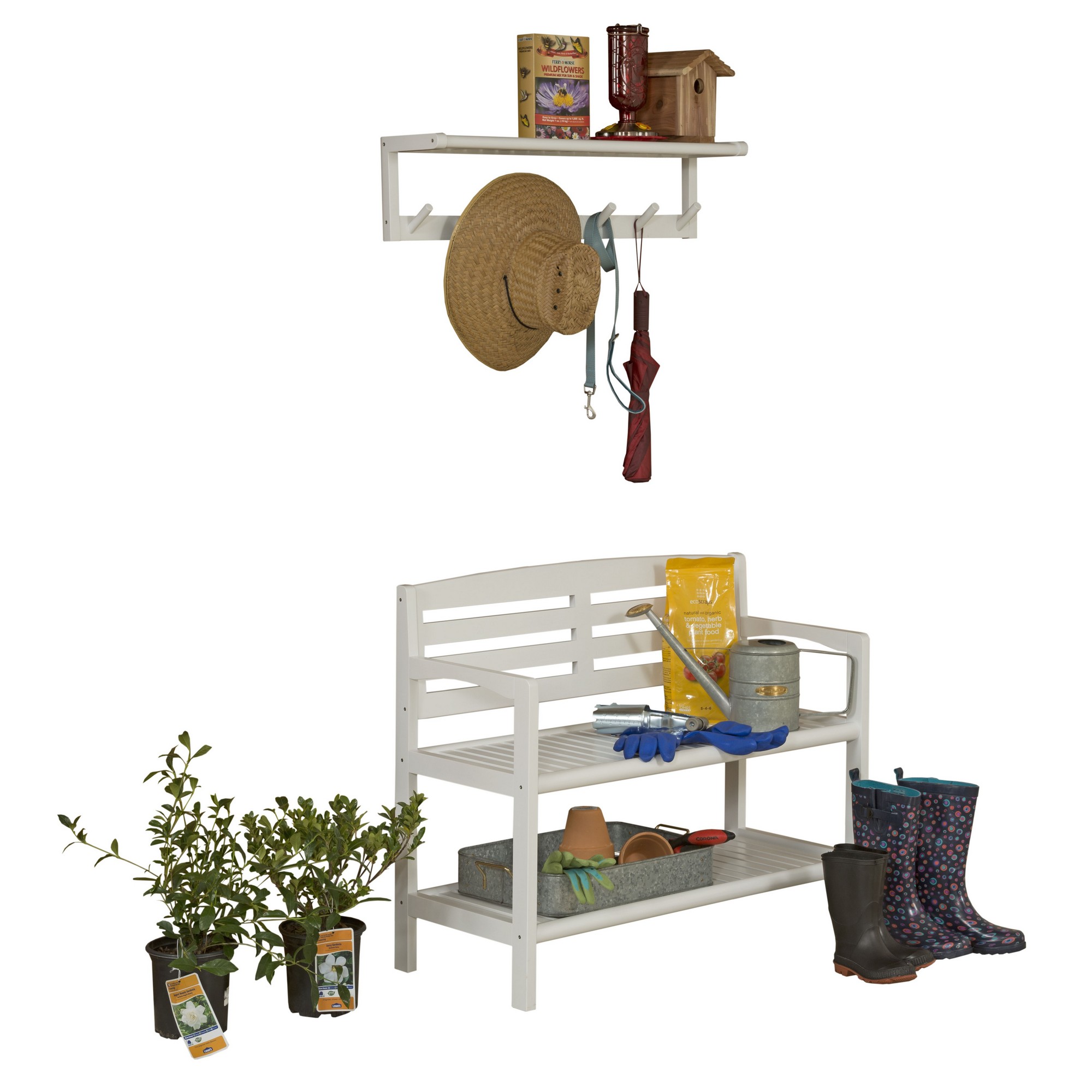 Wood Large Peg Coat or Towel Rack with Shelf in White - Image 3